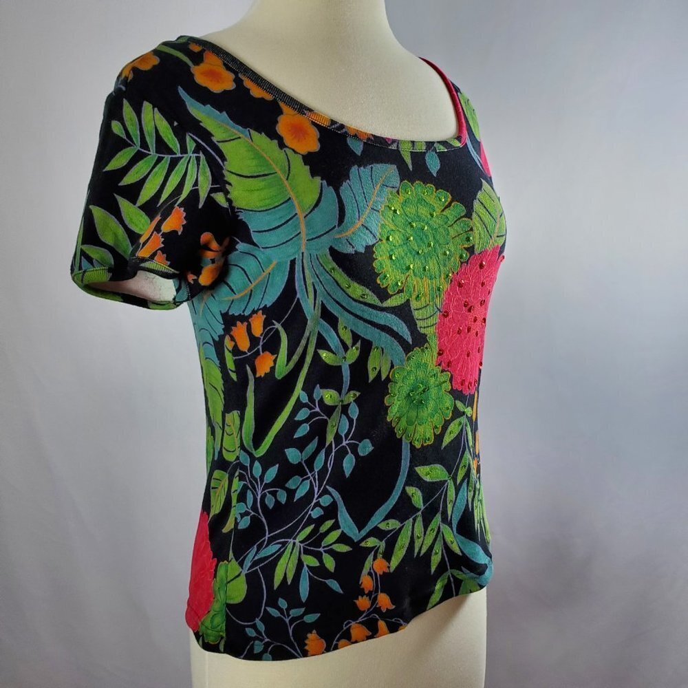 New - White Stag -100% Cotton - Black & Colorful Floral Top With Sequins | NWT